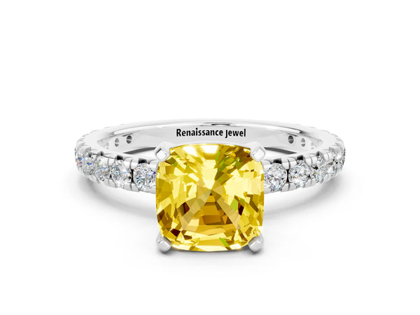 Platinum Cushion Cut Yellow Sapphire Pavé Solitaire Ring with Round Band and Prong Setting