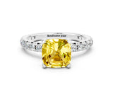 White gold Cushion Cut Yellow Sapphire Pavé Solitaire Ring with Round Band and Prong Setting_12