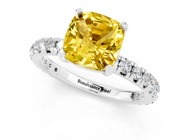 White gold Cushion Cut Yellow Sapphire Pavé Solitaire Ring with Round Band and Prong Setting