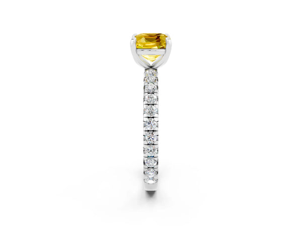 Platinum Cushion Cut Yellow Sapphire Pavé Solitaire Ring with Round Band and Prong Setting