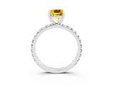 White gold Cushion Cut Yellow Sapphire Pavé Solitaire Ring with Round Band and Prong Setting_15