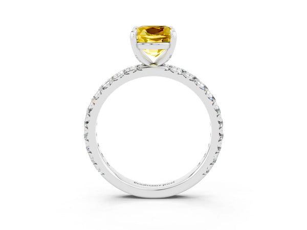 Platinum Cushion Cut Yellow Sapphire Pavé Solitaire Ring with Round Band and Prong Setting