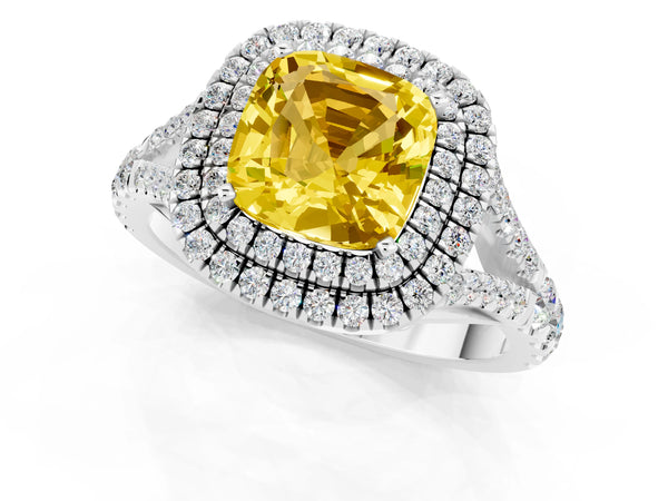 Platinum Cushion Cut Yellow Sapphire Pavé Split Shank Double Halo Engagement Ring