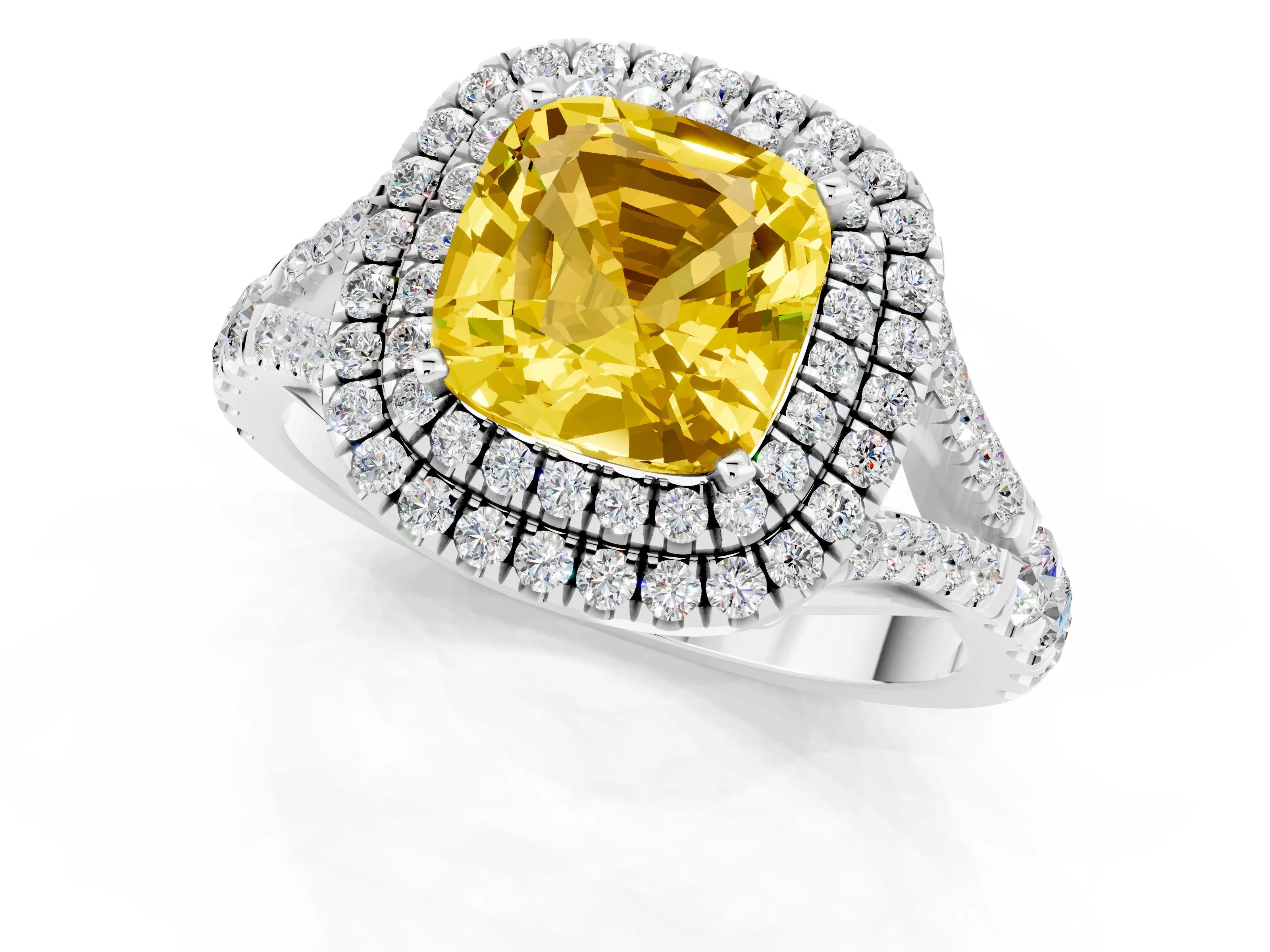 White gold Cushion Cut Yellow Sapphire Pavé Split Shank Double Halo Engagement Ring_1