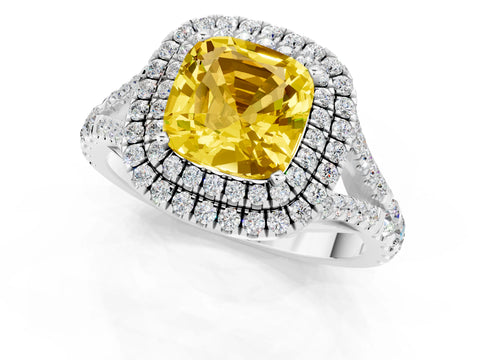White gold Cushion Cut Yellow Sapphire Pavé Split Shank Double Halo Engagement Ring_1