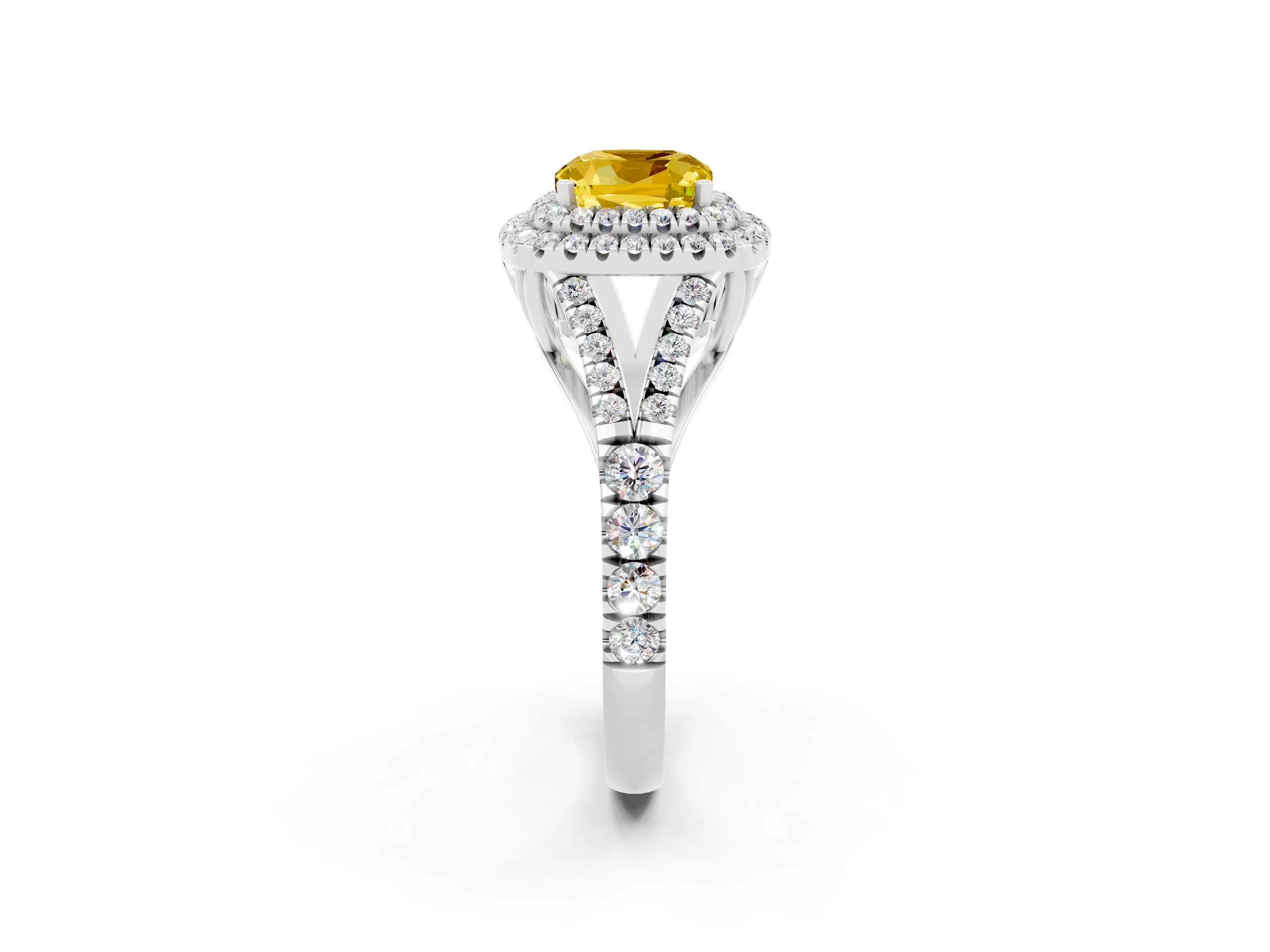 White gold Cushion Cut Yellow Sapphire Pavé Split Shank Double Halo Engagement Ring_2