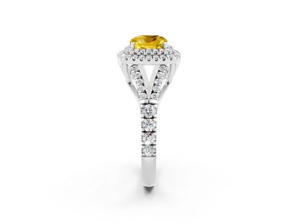 Silver Cushion Cut Yellow Sapphire Pavé Split Shank Double Halo Engagement Ring