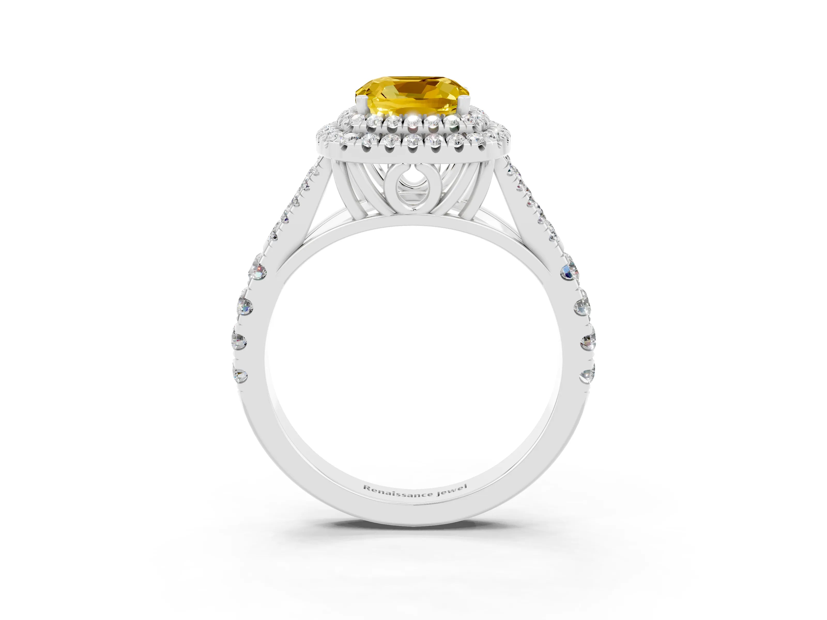 White gold Cushion Cut Yellow Sapphire Pavé Split Shank Double Halo Engagement Ring_3