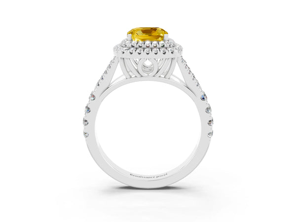 Platinum Cushion Cut Yellow Sapphire Pavé Split Shank Double Halo Engagement Ring