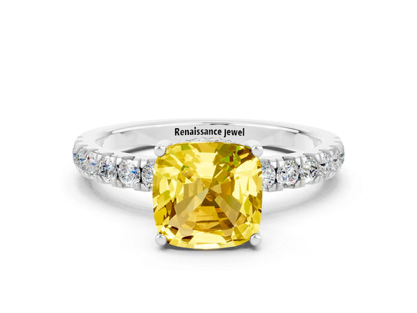 Silver Cushion Cut Yellow Sapphire Pave Band Solitaire Ring with Round  and Prong Setting