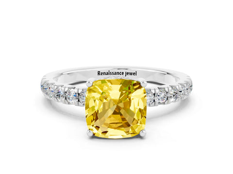 White gold Cushion Cut Yellow Sapphire Pave Band Solitaire Ring with Four-Prong Setting_60