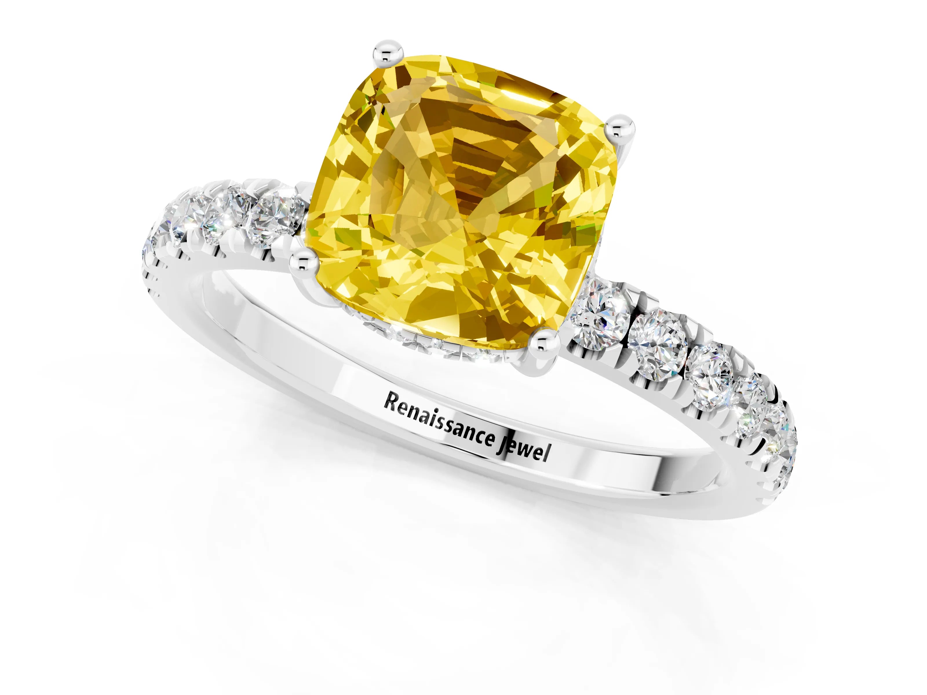 White gold Cushion Cut Yellow Sapphire Pave Band Solitaire Ring with Four-Prong Setting_61