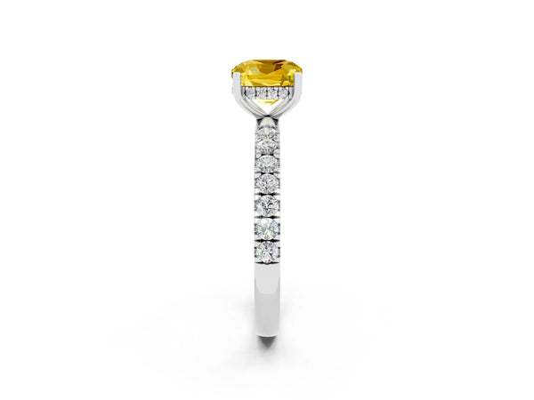 White gold Cushion Cut Yellow Sapphire Pave Band Solitaire Ring with Round  and Prong Setting