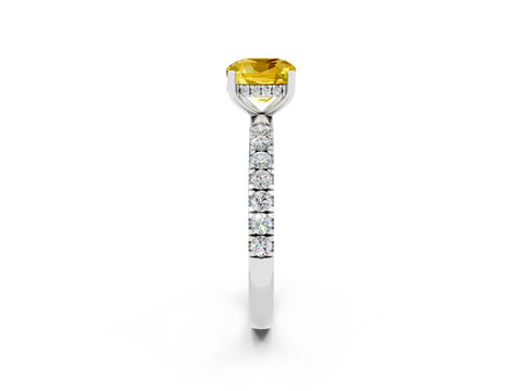 White gold Cushion Cut Yellow Sapphire Pave Band Solitaire Ring with Four-Prong Setting_62