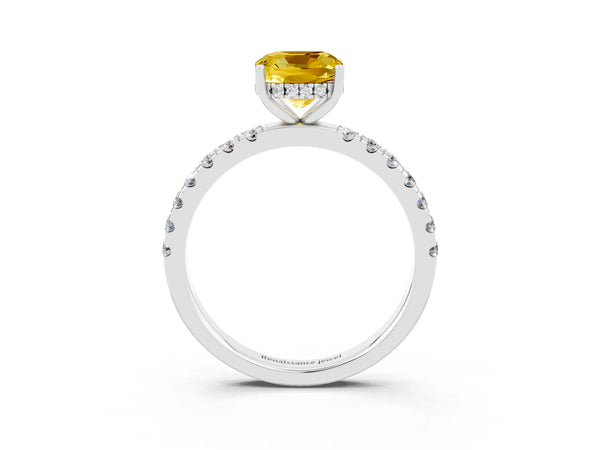 White gold Cushion Cut Yellow Sapphire Pave Band Solitaire Ring with Round  and Prong Setting