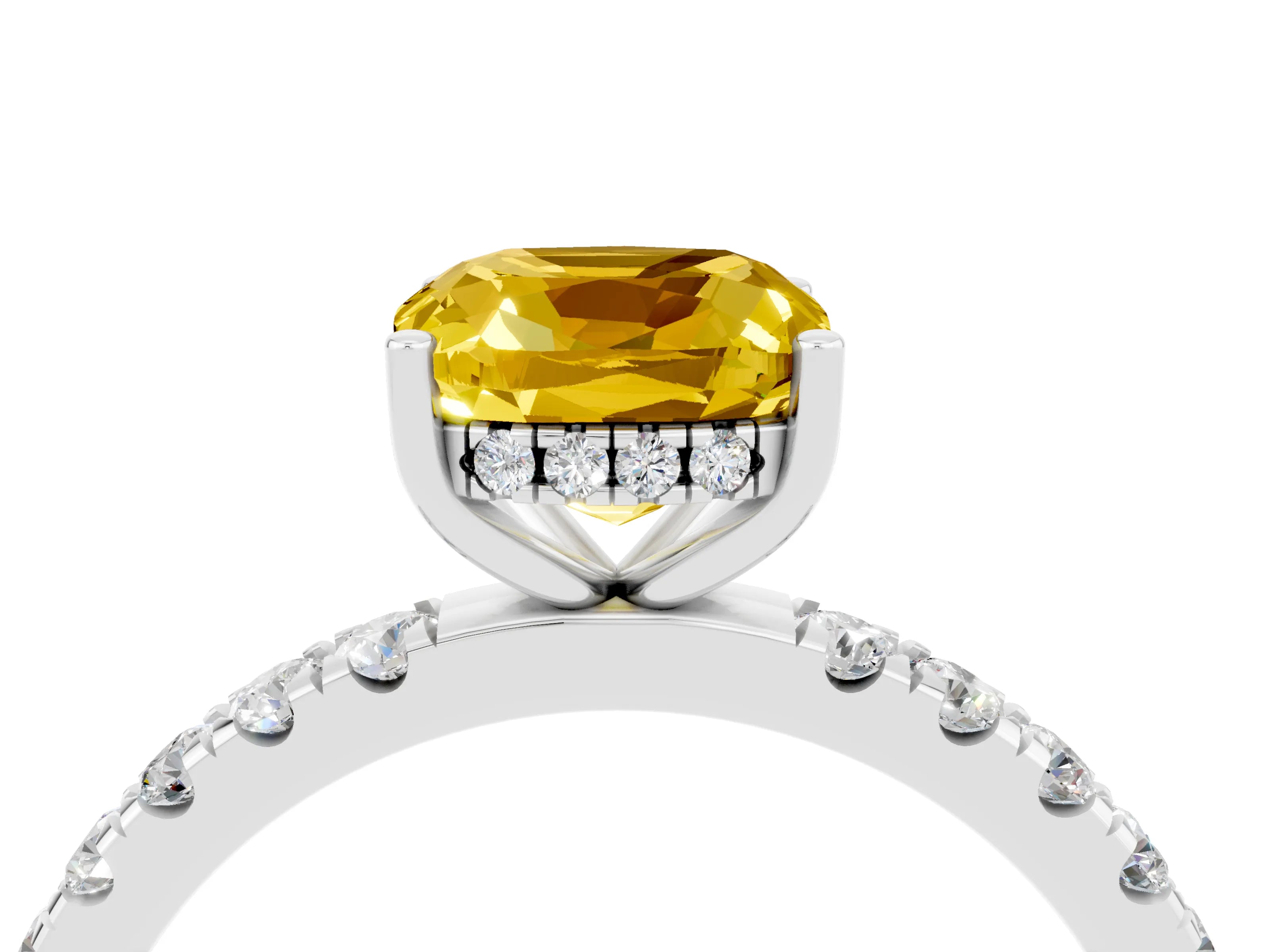 White gold Cushion Cut Yellow Sapphire Pave Band Solitaire Ring with Four-Prong Setting_64
