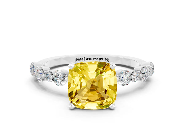 White gold Cushion Cut Yellow Sapphire Prong Set Engagement Ring with Pavé Band
