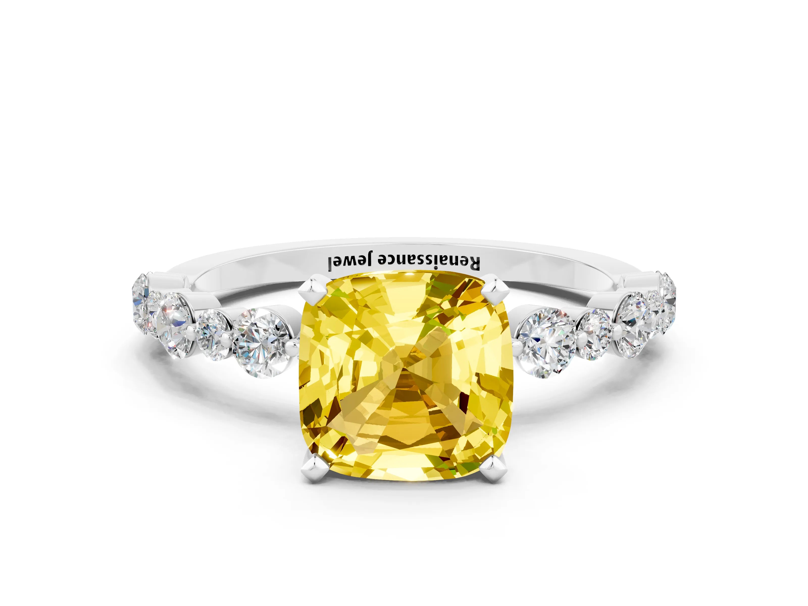 White gold Cushion Cut Yellow Sapphire Prong Set Engagement Ring with Pavé Band_12