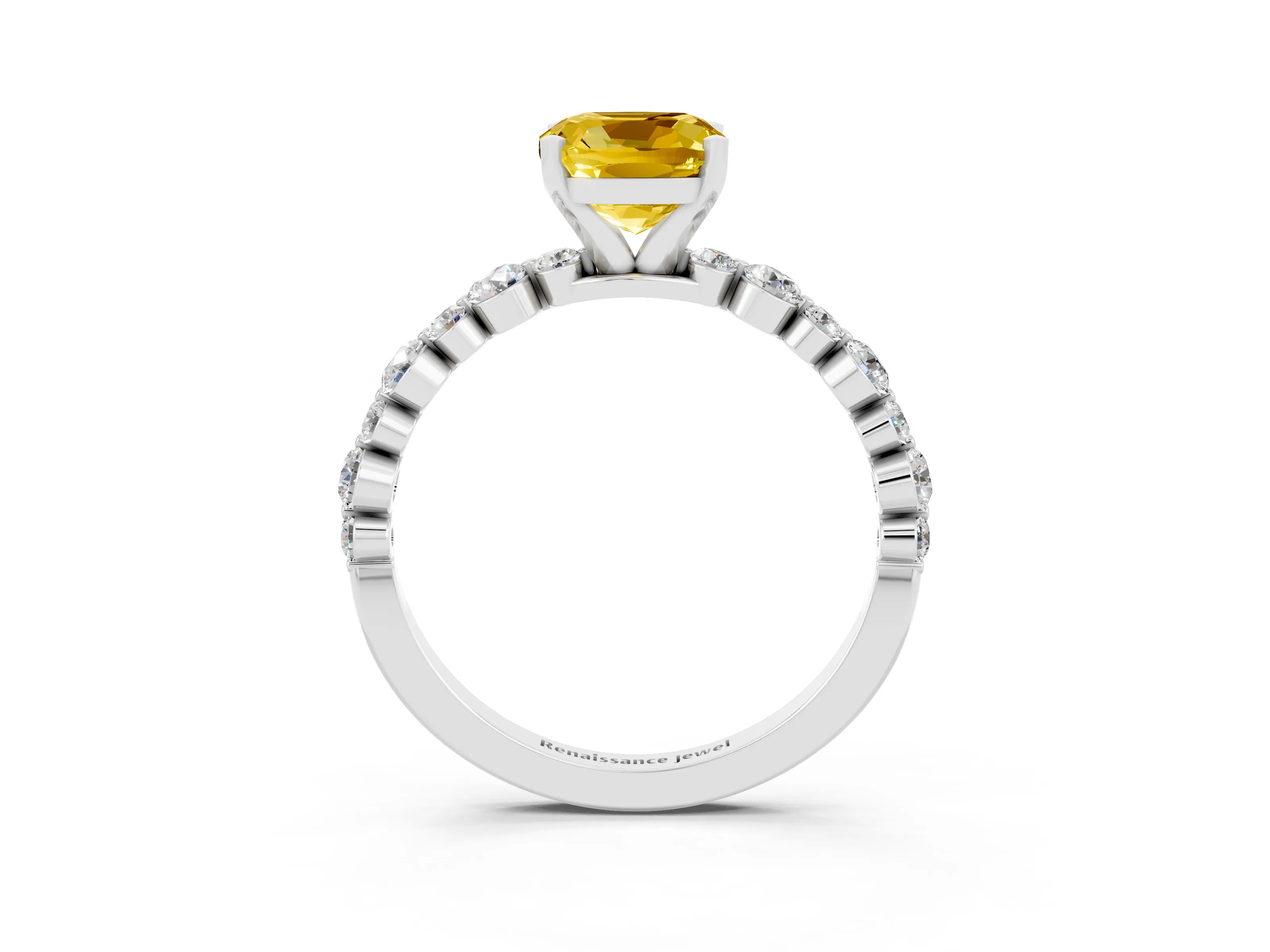 White gold Cushion Cut Yellow Sapphire Prong Set Engagement Ring with Pavé Band_15