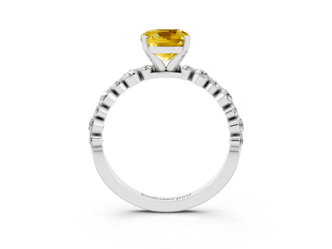 White gold Cushion Cut Yellow Sapphire Prong Set Engagement Ring with Pavé Band_15