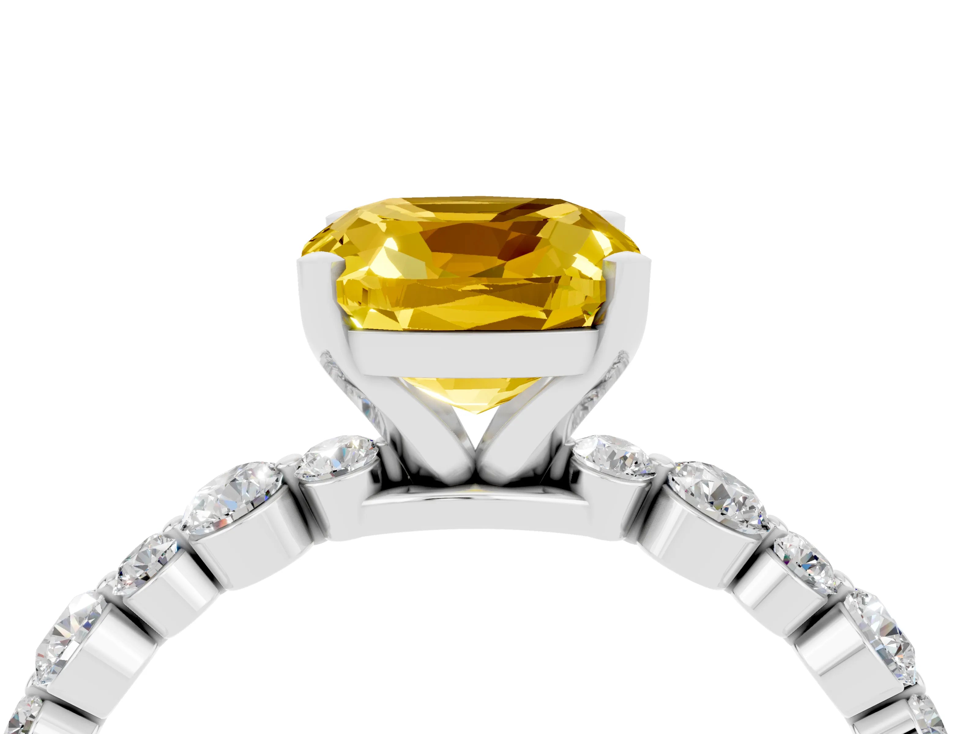 White gold Cushion Cut Yellow Sapphire Prong Set Engagement Ring with Pavé Band_16