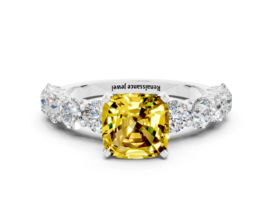 White gold Cushion Cut Yellow Sapphire Prong Setting with Side Stones on a Pave Band_24