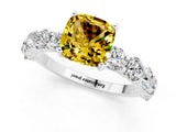 White gold Cushion Cut Yellow Sapphire Prong Setting with Side Stones on a Pave Band_25
