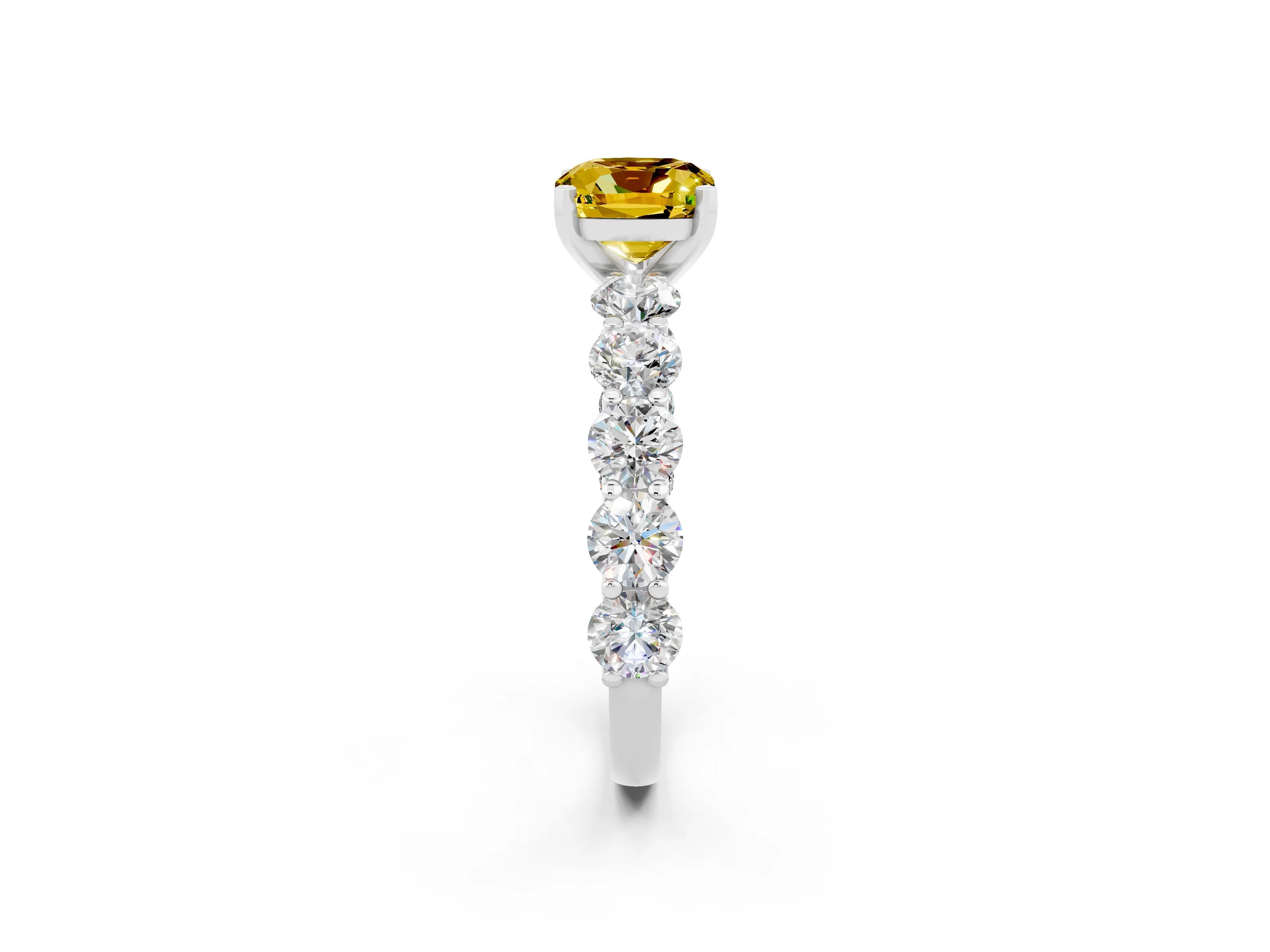 White gold Cushion Cut Yellow Sapphire Prong Setting with Side Stones on a Pave Band_26