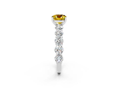 White gold Cushion Cut Yellow Sapphire Prong Setting with Side Stones on a Pave Band_26