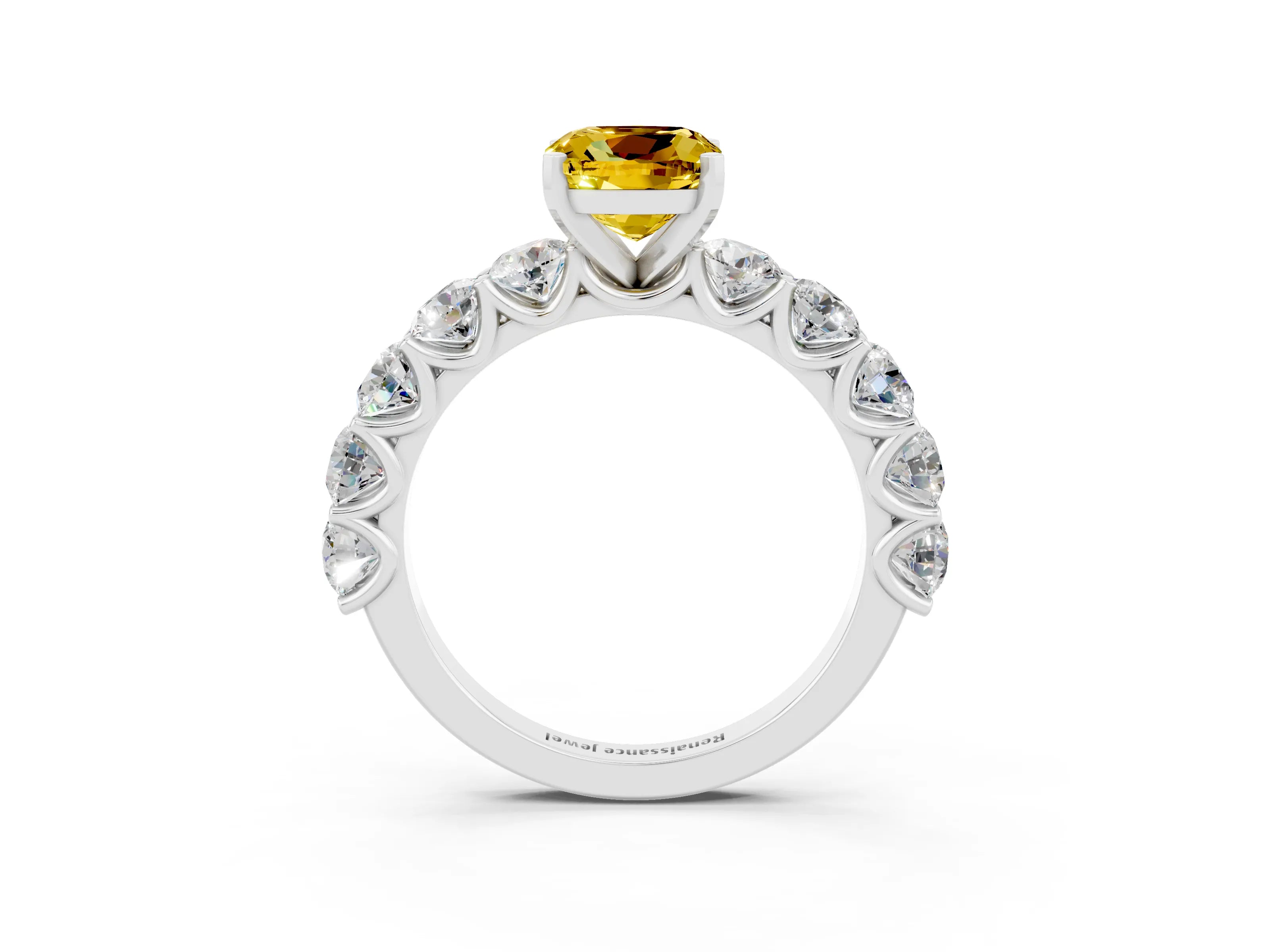 White gold Cushion Cut Yellow Sapphire Prong Setting with Side Stones on a Pave Band_27