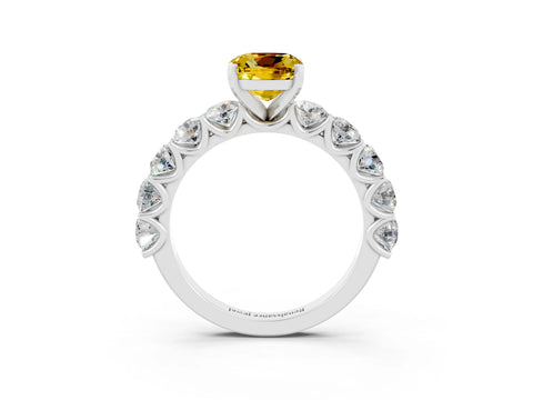 White gold Cushion Cut Yellow Sapphire Prong Setting with Side Stones on a Pave Band_27