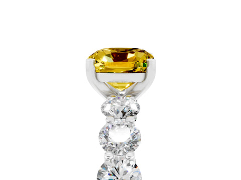 White gold Cushion Cut Yellow Sapphire Prong Setting with Side Stones on a Pave Band_29