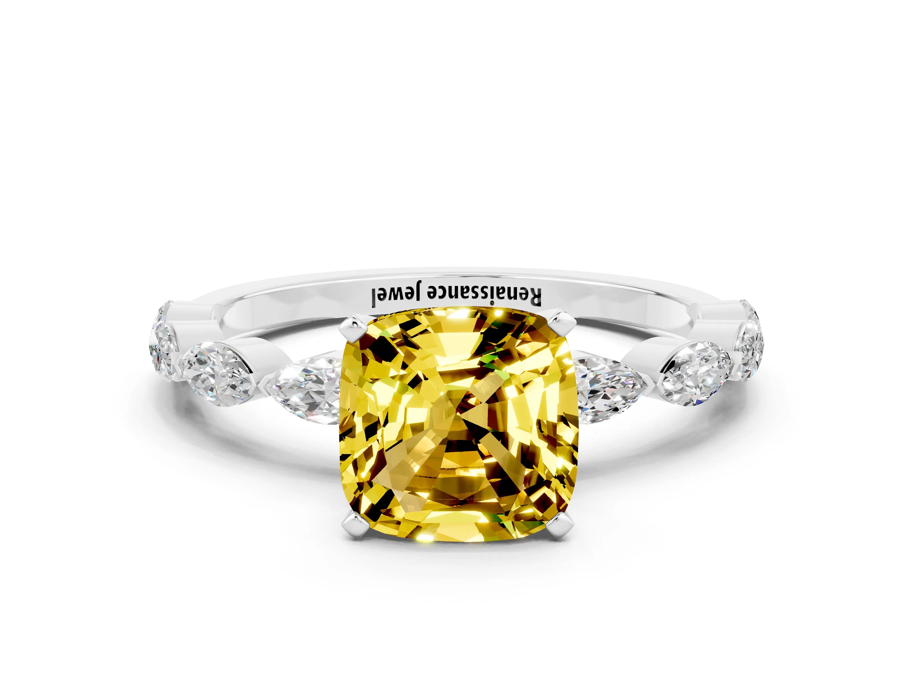 White gold Cushion Cut Yellow Sapphire Ring with Marquise Side Stones and Prong Setting_12