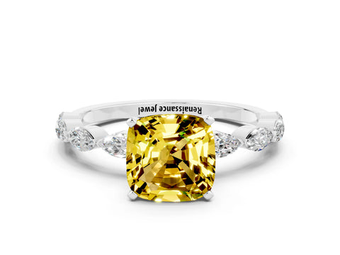 White gold Cushion Cut Yellow Sapphire Ring with Marquise Side Stones and Prong Setting_12