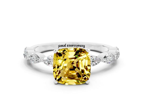 Silver Cushion Cut Yellow Sapphire Ring with Marquise Side Stones and Prong Setting