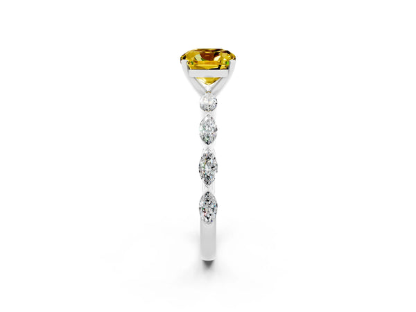 Silver Cushion Cut Yellow Sapphire Ring with Marquise Side Stones and Prong Setting