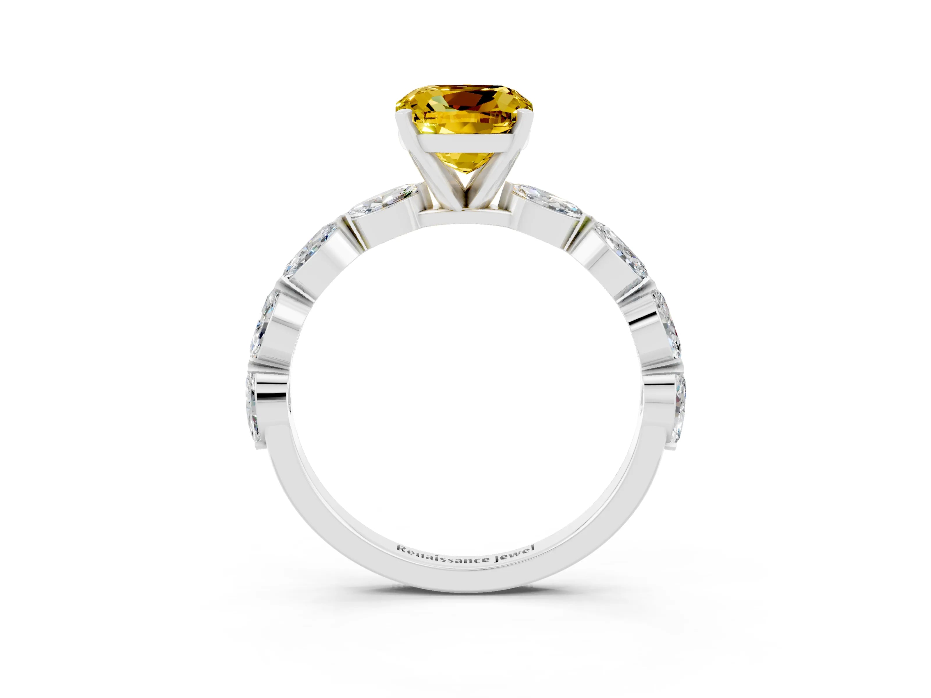 White gold Cushion Cut Yellow Sapphire Ring with Marquise Side Stones and Prong Setting_15