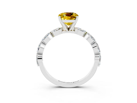 White gold Cushion Cut Yellow Sapphire Ring with Marquise Side Stones and Prong Setting_15