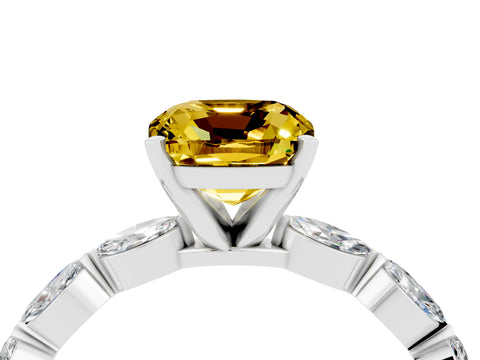 White gold Cushion Cut Yellow Sapphire Ring with Marquise Side Stones and Prong Setting_16