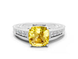 White gold Cushion Cut Yellow Sapphire Ring with Milgrain Pavé Band and Four-Prong Setting_36