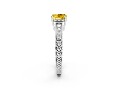 White gold Cushion Cut Yellow Sapphire Ring with Milgrain Pavé Band and Four-Prong Setting_38