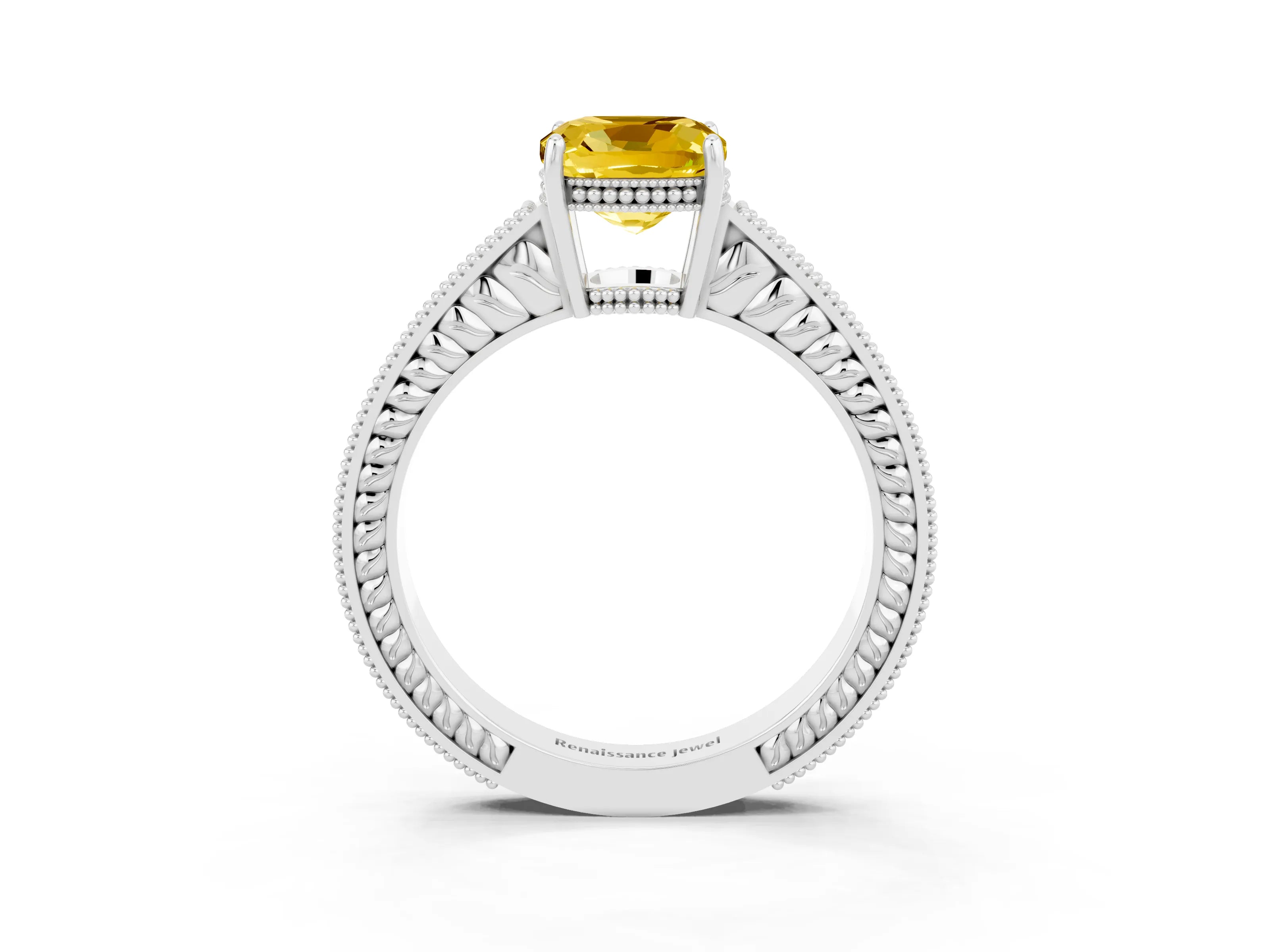 White gold Cushion Cut Yellow Sapphire Ring with Milgrain Pavé Band and Four-Prong Setting_39