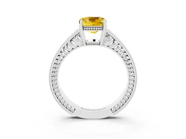 White gold Cushion Cut Yellow Sapphire Ring with Milgrain Pavé Band and Four-Prong Setting