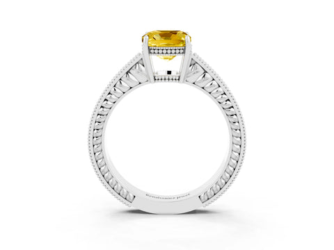 White gold Cushion Cut Yellow Sapphire Ring with Milgrain Pavé Band and Four-Prong Setting_39