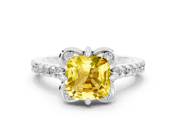 Platinum Cushion Cut Yellow Sapphire Ring with Pavé Band and Floral Prong Setting