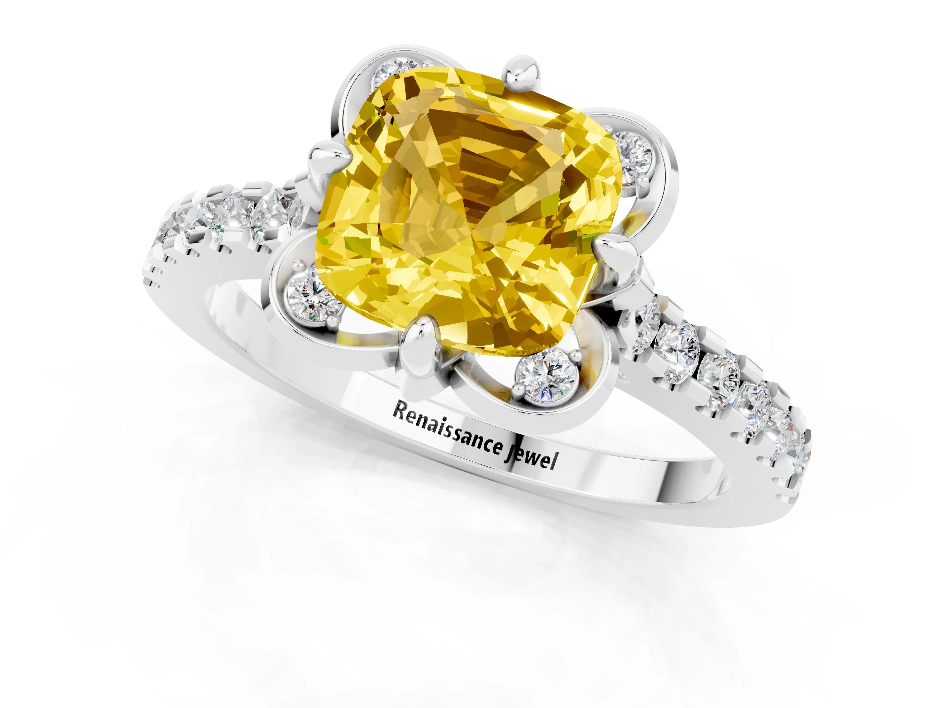 White gold Cushion Cut Yellow Sapphire Ring with Pavé Band and Floral Prong Setting_1