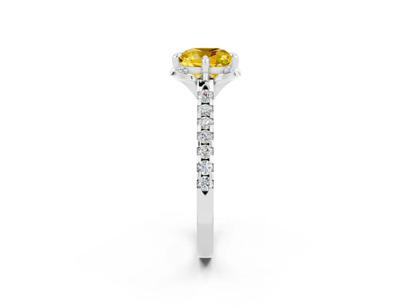 Platinum Cushion Cut Yellow Sapphire Ring with Pavé Band and Floral Prong Setting