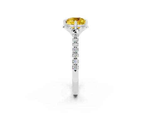 White gold Cushion Cut Yellow Sapphire Ring with Pavé Band and Floral Prong Setting_2