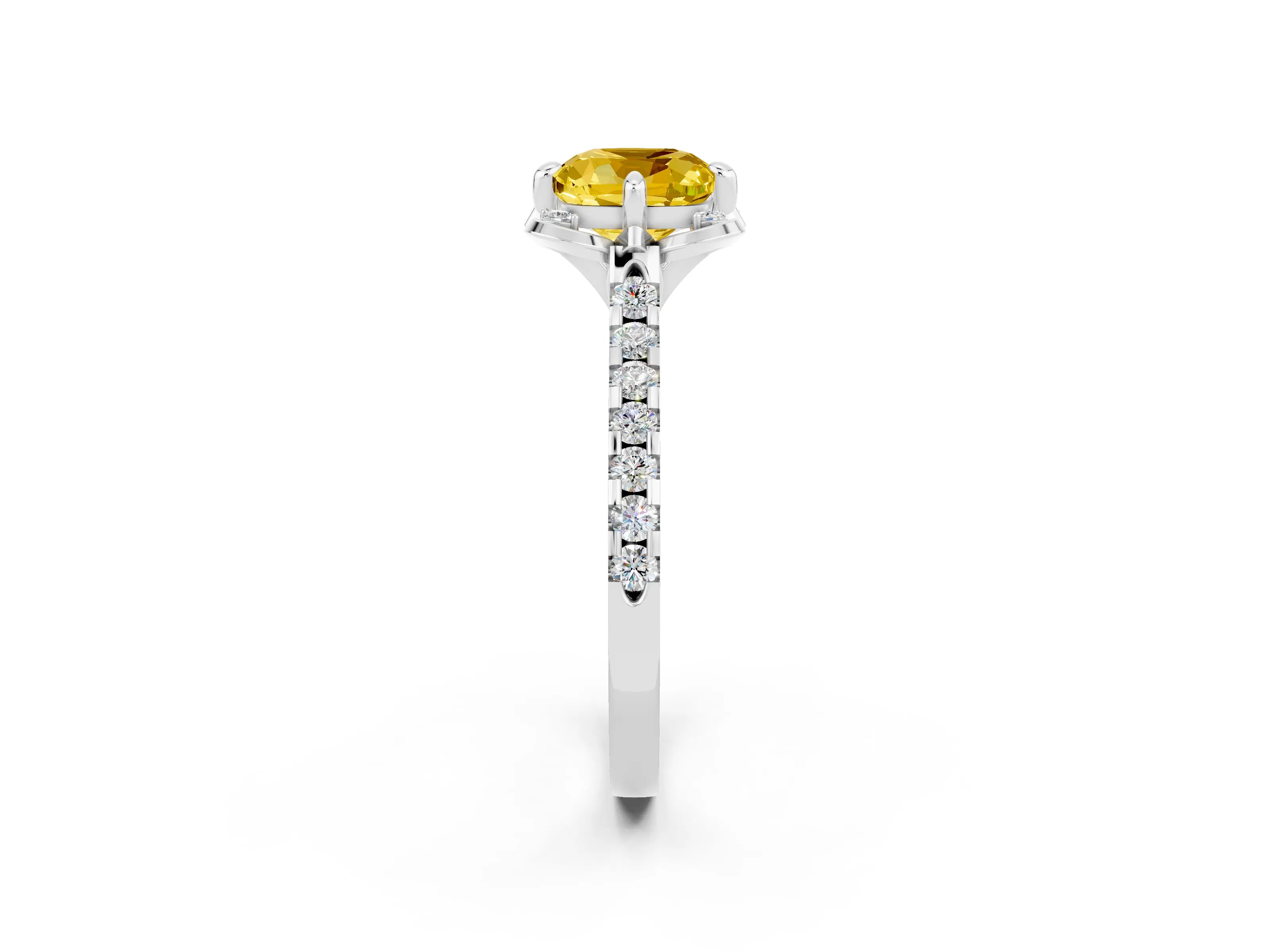White gold Cushion Cut Yellow Sapphire Ring with Pavé Band and Floral Prong Setting_2