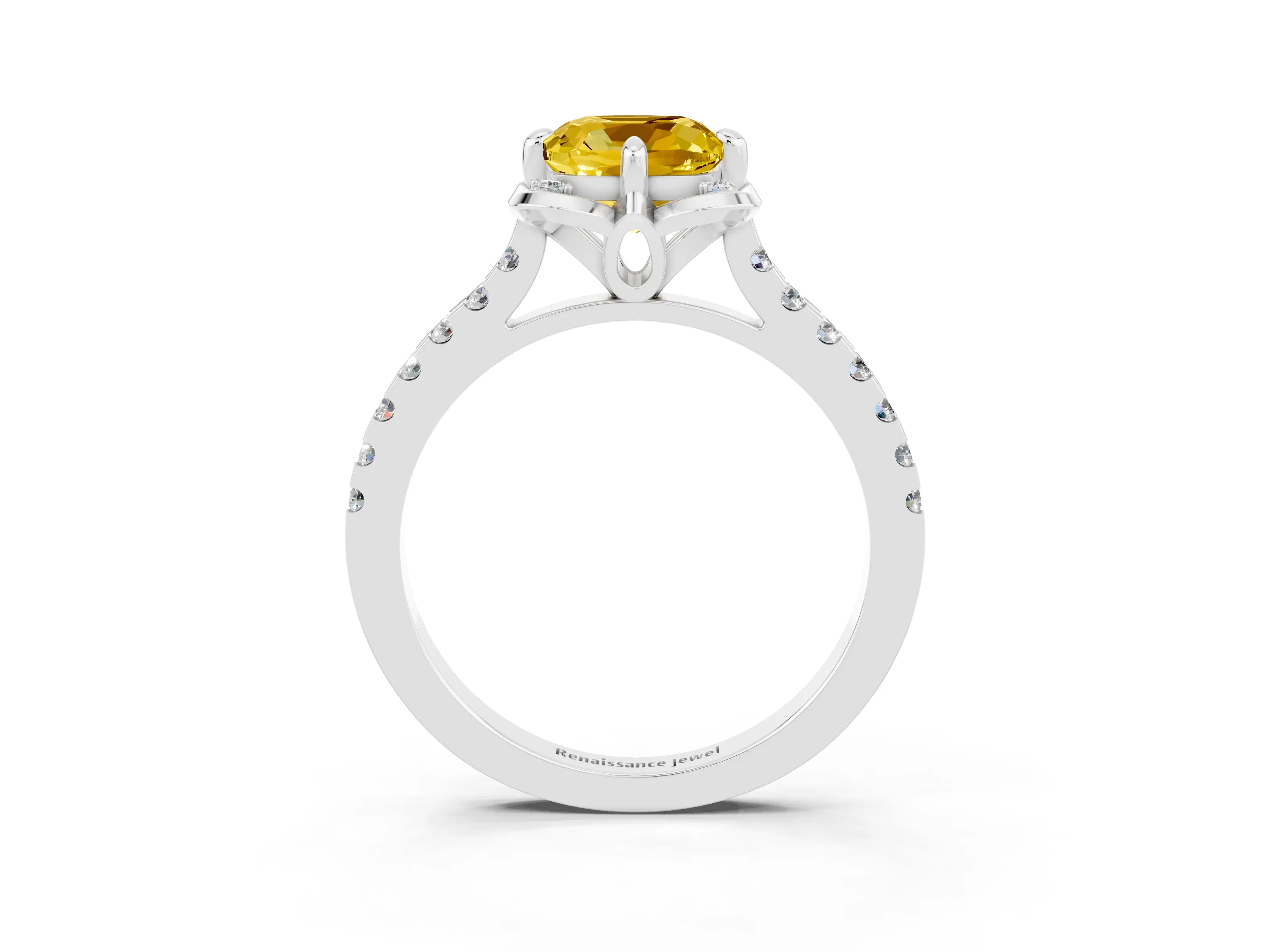 White gold Cushion Cut Yellow Sapphire Ring with Pavé Band and Floral Prong Setting_3